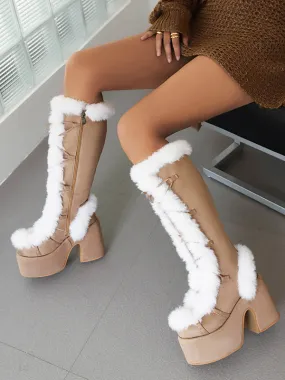 Knee Boots Women's Khaki Chunky Heel Knee Length Winter Boots